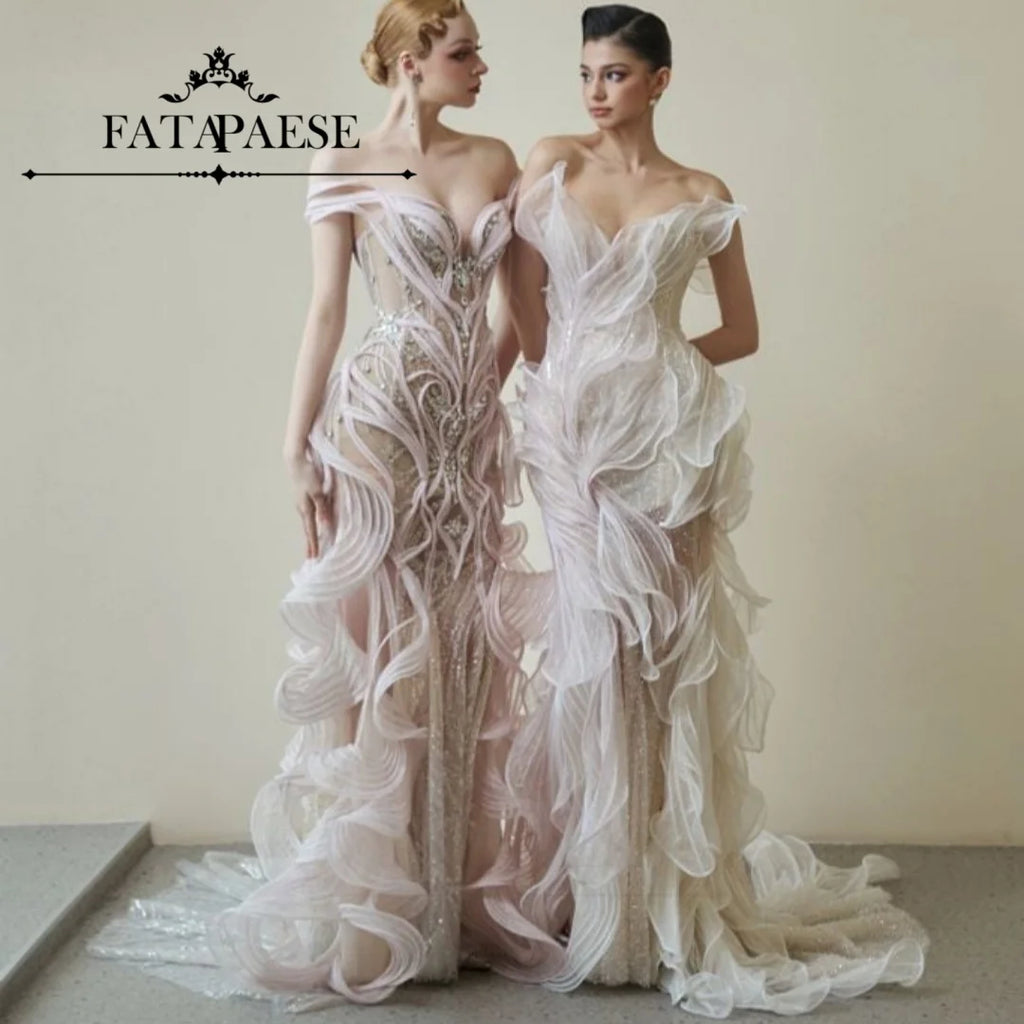 FATAPAESE Evening Dresses Customize Strapless Mermaid Pink Women'S Formal Evening Gowns Ruffled Floor-Length Sleeveless Elegant