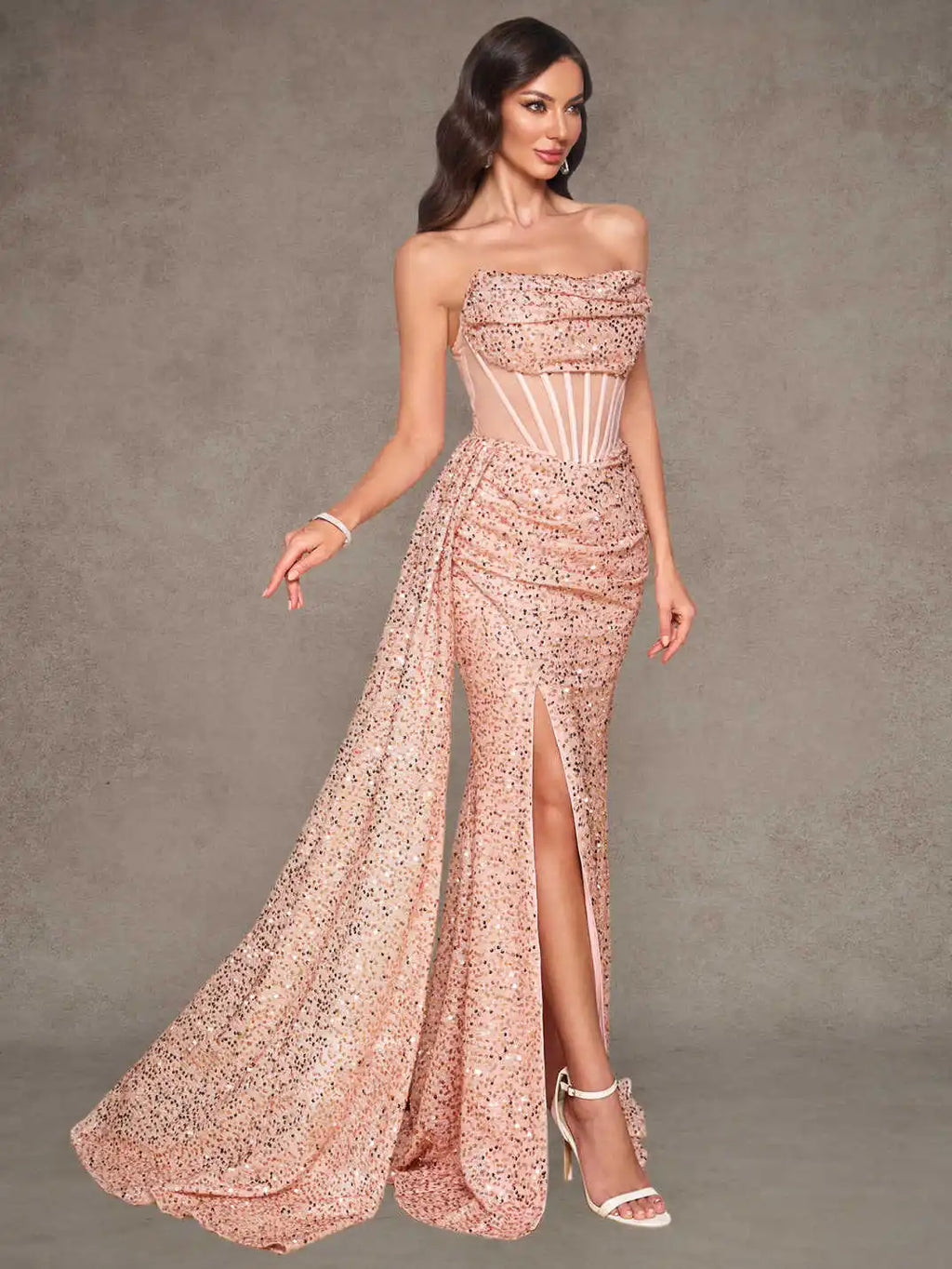 Rose Gold Sequin Strapless Mermaid Evening Gown Sheer Corset High Slit Draped Train Party Dress