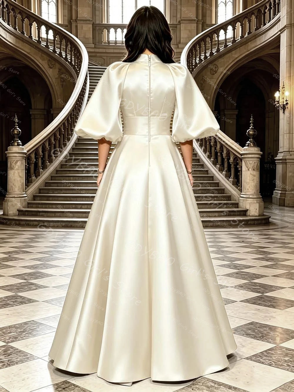 Elegant Women’s A-line Satin Pleated Evening Dress High Neck Bubble Sleeve Long Wedding Dress for Bridesmaids Formal Prom Custom