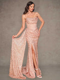 Rose Gold Sequin Strapless Mermaid Evening Gown Sheer Corset High Slit Draped Train Party Dress