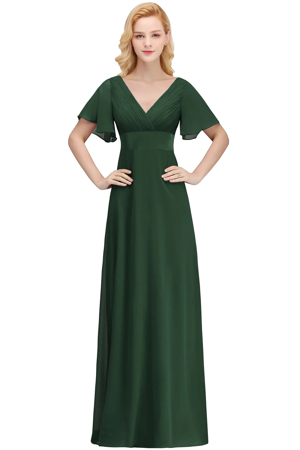 BABYONLINE Royal Blue V-Neck Bridesmaid Dresses with Flutter Sleeves, Gathered Waist & Flowy Chiffon Skirt for Wedding Party
