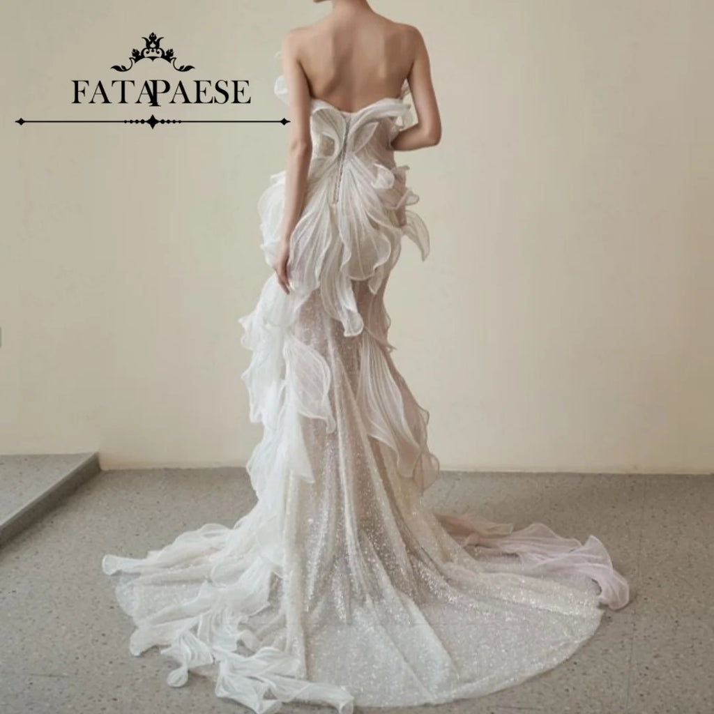 FATAPAESE Evening Dresses Customize Strapless Mermaid Pink Women'S Formal Evening Gowns Ruffled Floor-Length Sleeveless Elegant
