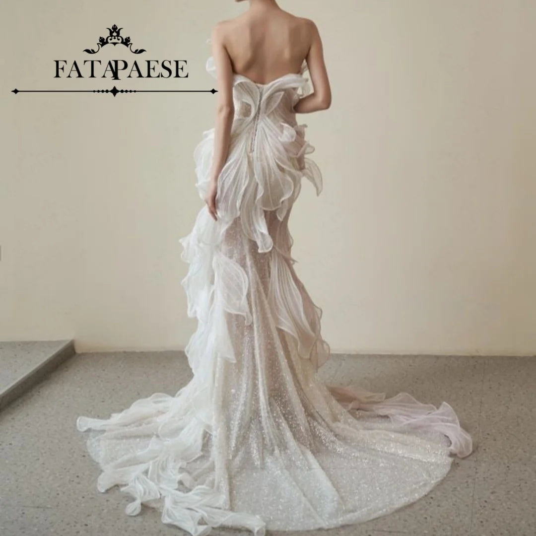 FATAPAESE Evening Dresses Customize Strapless Mermaid Pink Women'S Formal Evening Gowns Ruffled Floor-Length Sleeveless Elegant