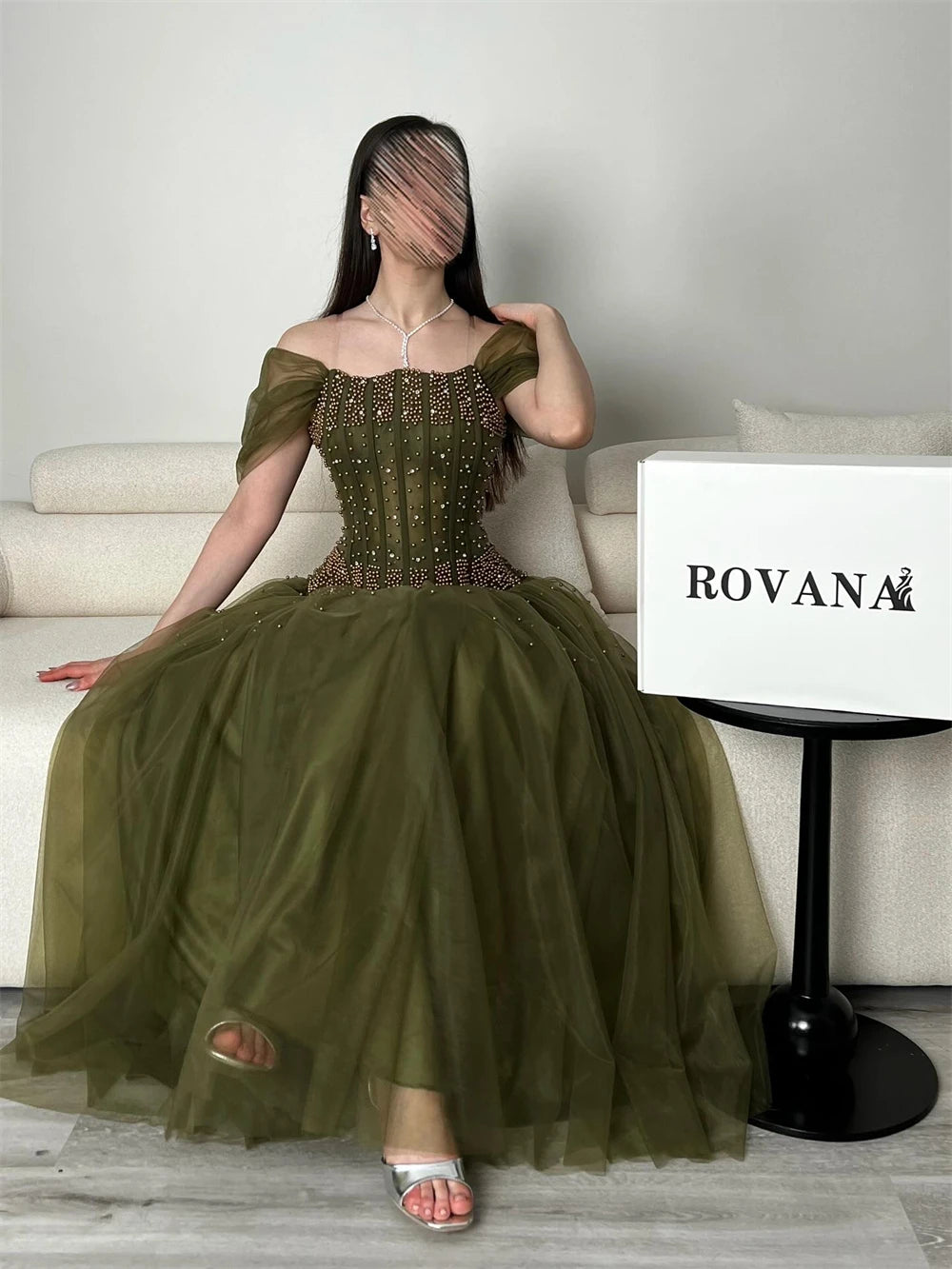 Contessa Custom prom dress elegant beaded pearl corset formal gown off shoulder draped tulle A line floor length party wedding
