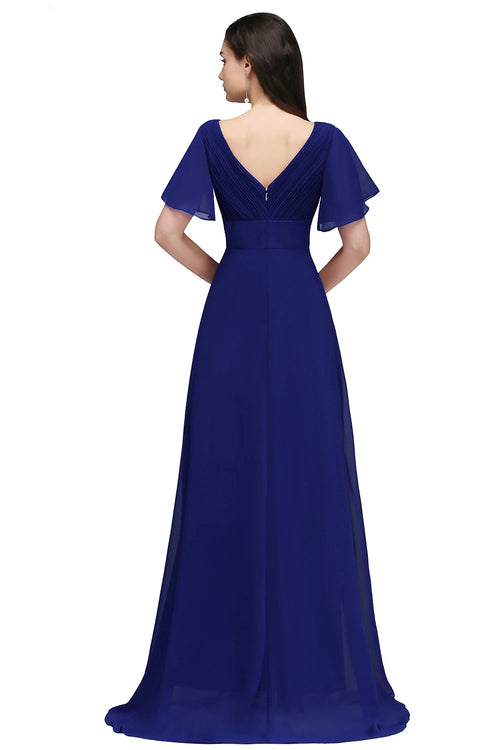 BABYONLINE Royal Blue V-Neck Bridesmaid Dresses with Flutter Sleeves, Gathered Waist & Flowy Chiffon Skirt for Wedding Party