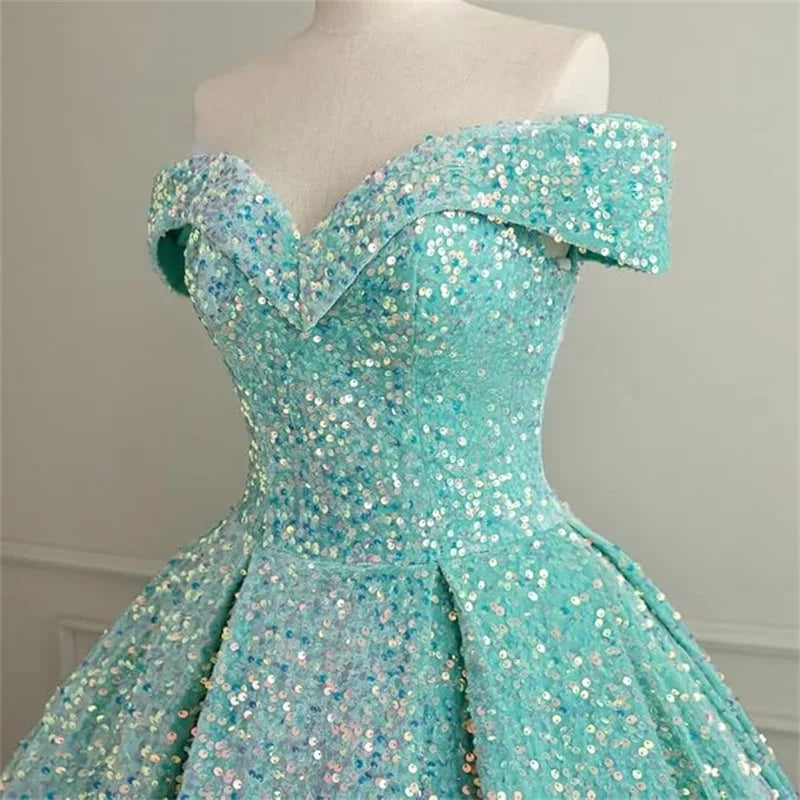 Customized Off Shoulder Sequin Prom Dresses for Teens Plus Size Ball Gown Sparkly Quinceanera Dresses Formal Evening Gowns