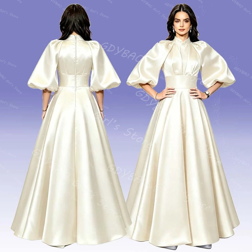 Elegant Women’s A-line Satin Pleated Evening Dress High Neck Bubble Sleeve Long Wedding Dress for Bridesmaids Formal Prom Custom