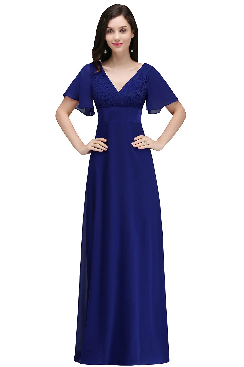 BABYONLINE Royal Blue V-Neck Bridesmaid Dresses with Flutter Sleeves, Gathered Waist & Flowy Chiffon Skirt for Wedding Party